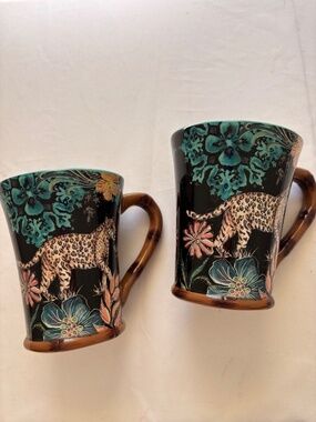 Certified Intl Tre Sorelle Jungle Coffee Mugs Leopards & Tropical Flowers 16 Oz